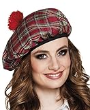 Boland 81225 - Barett Mrs. Tartan, Rot kariert, mit roten Quasten, Gummiband, Schottenmütze, Hut, Schottland, Highlands, Kostüm, Karneval, Mottoparty