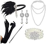 DRESHOW 1920s Flapper Accessoires Set Damen Kostüm Gatsby Feder Lange Halskette Handschuhe Stirnband Funkelnde Ohrringe