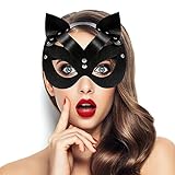 Katze Masken Damen, Catwoman Maske, Halloween Valentinstag Karneval Masken Damen, Schwarze PU Leder Catwoman Maske für Maskerade Fasching Party Cosplay Kostümzubehör