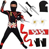 Windskids Ninja Kostüm Anzug Kinder Cosplay Ninja Kostüm Rot Schwarz mit Muskelanzug Samurai Ninja Zubehör Halloween Karneval Party Verkleidung Costume für Jungen Mädchen Geschenke Alter 4-12 Jahre