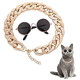 Molain Katzen Sonnenbrille, Katzen UV Schutz Klassische Retro Sonnenbrille für kleine Hunde Puppen runde Sonnenbrille Party Cosplay Kostüm Foto Requisiten (1 Stück runde Brille + 1 Stück Goldkette)
