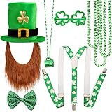 Qpout St. Patricks Party Kostüm Set, Shamrock Hut mit Bart, Shamrock Halsketten, Fliege, Brille, Hosenträger, Grün irische St. Patricks Day Party Kostüm Zubehör Dekoration