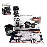 Woodbox – Geschenkset für Sammler – Unisex – Star Wars – T-Shirt Millenium Falke & Figur Pop Darth Vader – Größe M