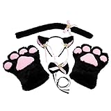 KEESIN Katze Cosplay Set Plüsch Klaue Handschuhe Katze Kätzchen Ohren Schwanz Kragen Pfoten Cute Adorable Party Kostüm Set für Kinder und Erwachsene (Schwarz)