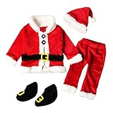 LYSTAO Baby-Weihnachtskostüme, 4-teiliges Kleinkind-Weihnachtsmann-Outfit, Weihnachtsoberteil + Hose + Hut + Stiefelsocken für Kleinkinder, Mädchen, Jungen, Weihnachtsmannanzug, Cosplay-Kostüm