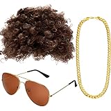 Gejoy Hippie Kostüm Set Funky Afro Perücke Sonnenbrille Halskette für 50/ 60/ 70 Jahre Thema Party (Stil A)