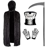 Grim Reaper Kostüm Erwachsene 4-teiliges Skelett Kostüm - Skelett Maske & Skelett Handschuhe Sensenmann Robe - Erwachsene Sensenmann Halloween Kostüm Gruselige Halloween Kostüme für Männer