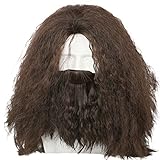 BIRDEU Halloween Perücke mit Bart Lang Braun Lockig Haar für Erwachsene Herren Verrücktes Kleid Cosplay Kostüm Zubehör