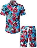 JOGAL Herren Blumen Kurzarm Baumwolle Hawaii Hemd Shorts Set Medium Himmelblau