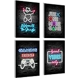mojoliving Gaming Zimmer Deko Bilder | Poster Wand für Gamer Jugendzimmer | Set mit Neon Sign Motive | Coole Geschenke für Gamer | Zocker Bilder Wand | Neon Wandbild