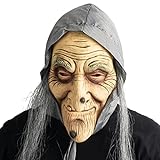 CreepyParty Alte Hexenmaske mit Haaren und Kopftuch Realistische Menschenkopf Latex Maske Kostüm für die Halloween Karneval Party