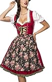 Dirndl Kleid Kostüm mit Herzausschnitt und Schnürung und Schürze aus Denim Stoff und Spitze Oktoberfest Dirndl rot/grün/weiß L