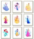 HerZii Prints Prinzessinnen-Wandkunst-Dekoration, Aquarelldrucke, Set von 20,3 x 25,4 cm, Prinzessinnen-Schlafzimmerdekoration, Prinzessinnen-Wanddekoration für Mädchen-Schlafzimmer