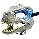 Dino Maske mit Beweglichem Kiefer, Jurassic World Raptor Dinosaurier Maske für Kinder und Erwachsene, Realistische Dinosaurier Kopf Latex Maske, Halloween Cosplay Party Geschenk Requisiten（Blau）
