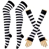 Gestreifte lange Strickhandschuhe, kniehohe Socken, Leggings, Party-Kostüm-Zubehör, 2 Paar Set Gr. Einheitsgröße, schwarz/weiß