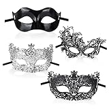 GWAWG Maskerade Maske, 4 Stück, schwarz, silberfarben, filigrane schwarze Spitze, klassischer Zorro-Stil, sexy venezianische Party-Verkleidungszubehör für Männer und Frauen, Paare
