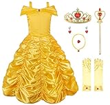 JerrisApparel Mädchen Belle Kostüm Prinzessin Kleid Drop Shoulder Cosplay Kostüm (6-7 Jahren, Gelb mit Zubehör)