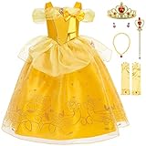 KANDEMY Mädchen Prinzessin Aurora Kostüm Dornröschen Kleid Belle Kostüm Prinzessinnen Kleider Kinder Geburtstag Fasching Karneval Kostüme Cosplay Verkleidung Party Gelb 140