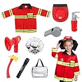 LUFEIS Feuerwehr Kostüm Kinder, Feuerwehrmann Kostüm Kinder, Waschbares Feuerwehr Rollenspiel Set, mit Feuerlöscher Feuerwehrhelm Feuerwehrmann Spielzeug,ideal Geschenk für Mädchen und Jungen