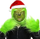 SINSEN Weihnachten Grün Maske mit Weihnachtsmütze und Handschuhen Weihnachtsmaske Cosplay Kostüm Latex Vollkopf Sammlerstück Requisite Gruselige Maske Spielzeug