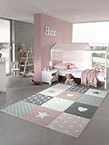 Teppich-Traum Kinderzimmer Teppich Spiel & Baby Teppich Herz Stern Punkte Design in Rosa Weiß Grau Größe 80x150 cm