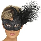NET TOYS Venezianische Maske mit Feder Augenmaske Schwarz Ballmaske Venedigmaske Federmaske Maskenball Karneval