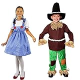 KANSAS Mädchen & Scarecrow Kostüm inkl. 2 x blau-weißes Gingham-Kleid mit großen roten Knöpfen, Haargummi und 3 x Scarcrow-Kostüm, brauner Hut, Oberteil und Hose mit angenähtem Strohhalm (XL & S)