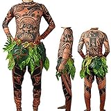 Herren Moana Maui Tattoo T Shirt / Hosen mit Bl?ttern Rock Halloween Adult Cosplay Kostüme (Large, Brown)