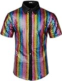 JOGAL Herren Pailletten Kleid Shirt 70er Disco Party Kustüm Medium Mehrfarbig, Schwarz Mehrfarbig, M