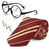 DoYoDoYa Novelty Cosplay Tie Wizard Glasses with Round Frame No Lenses Lightning Tattoos for Birthday Party Costume Accessories Necktie Halloween Party (Red Tie+Glasses+Tattoos), Einheitsgröße