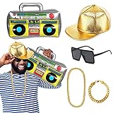 Hip Hop Kostüm Kit enthält Golden Baseball Cap Aufblasbare Boombox Faux Gold Kette 80er Jahre 90er Jahr Rapper Zubehör, Cool Rapper Outfits Kostümzubehör