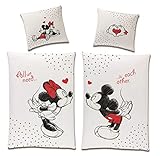 Tex idea Wende-Bettwäsche Set Disney Classic Mickey und Minnie Mouse in Love Größe 135 x 200cm 80 x 80cm 100% Baumwolle Weiss Rot Partner-Bettwäsche (4-TLG)