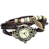 JewelryWe Damen Armbanduhr, Retro geflochten Leder Armband Armreif Armkette Uhr mit Baum Blatt Anhänger, Braun Bronze