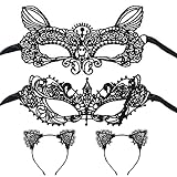 HDKAJL 4-Teilige Maskerade Maske, Katzenohren und Maske, Spitzen-Augenmaske, sexy Maske, für Männer, Frauen, Party, Ball, Kostüm, Cosplay, Halloween-Maske
