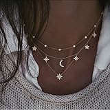 Bufenia Boho Star Halskette Layered Moon Pendant Choker Halsketten Crystal Fashion Neck Chain Schmuck für Frauen und Mädchen