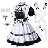 Anime French Maid Schürze, Lolita, Faschingskostüm, Cosplay Kostüm, pelzige Katze, Ohren, Handschuhe, Socken-Set, schwarz-weiß, Medium