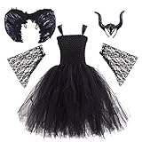 OBEEII Mädchen Kinder Hexen Maleficent Kostüm Fasching Karneval Mesh Tüll Prinzessin Kleid Mädchen Tanzkleid Tütü Rock Schwarz 4Stück 11-12 Jahre